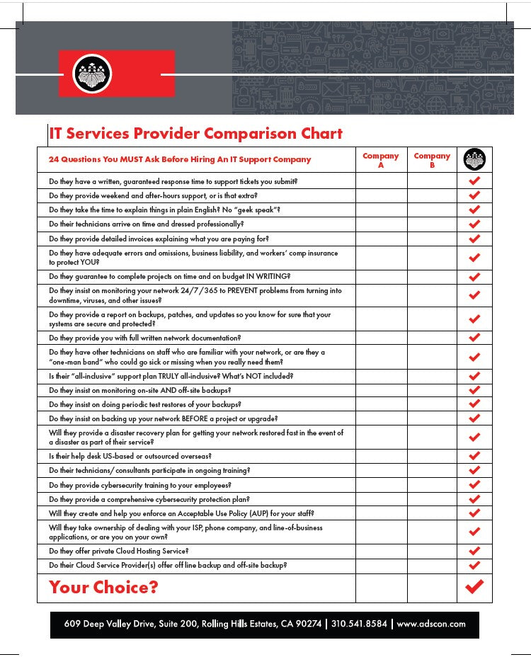 IT Services Provider Comparison Chart